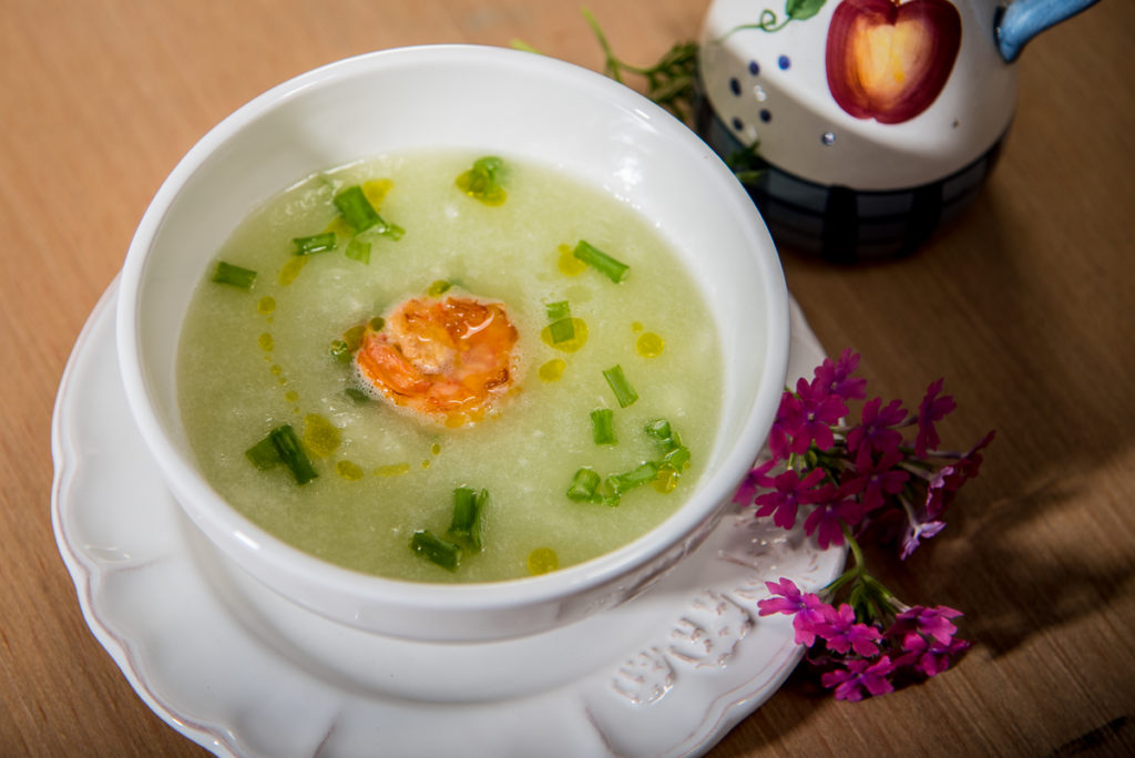 Cucumber and Grapes Gazpacho Cold Soup with Shrimp